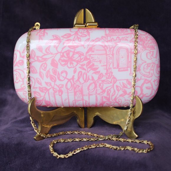 rare Lilly Pulitzer Jubilee clutch purse pill box Lucite enamel Pink toile - Picture 1 of 9